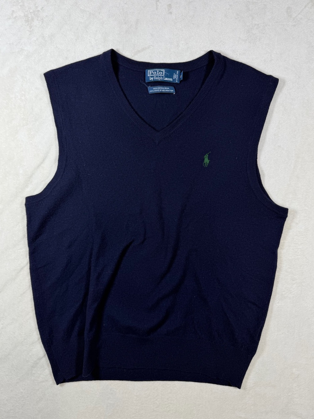 Polo Ralph Lauren Medium 100% Merino WoolNavy V-Neck Sweater Vest Green Pony